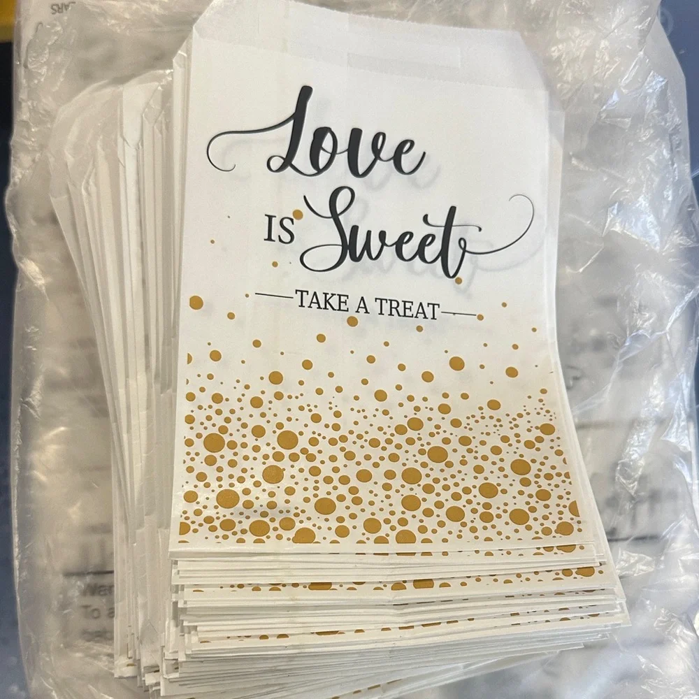 🆕 Love is Sweet Take A Treat Gold and White Party Favor Bags - Set of 50